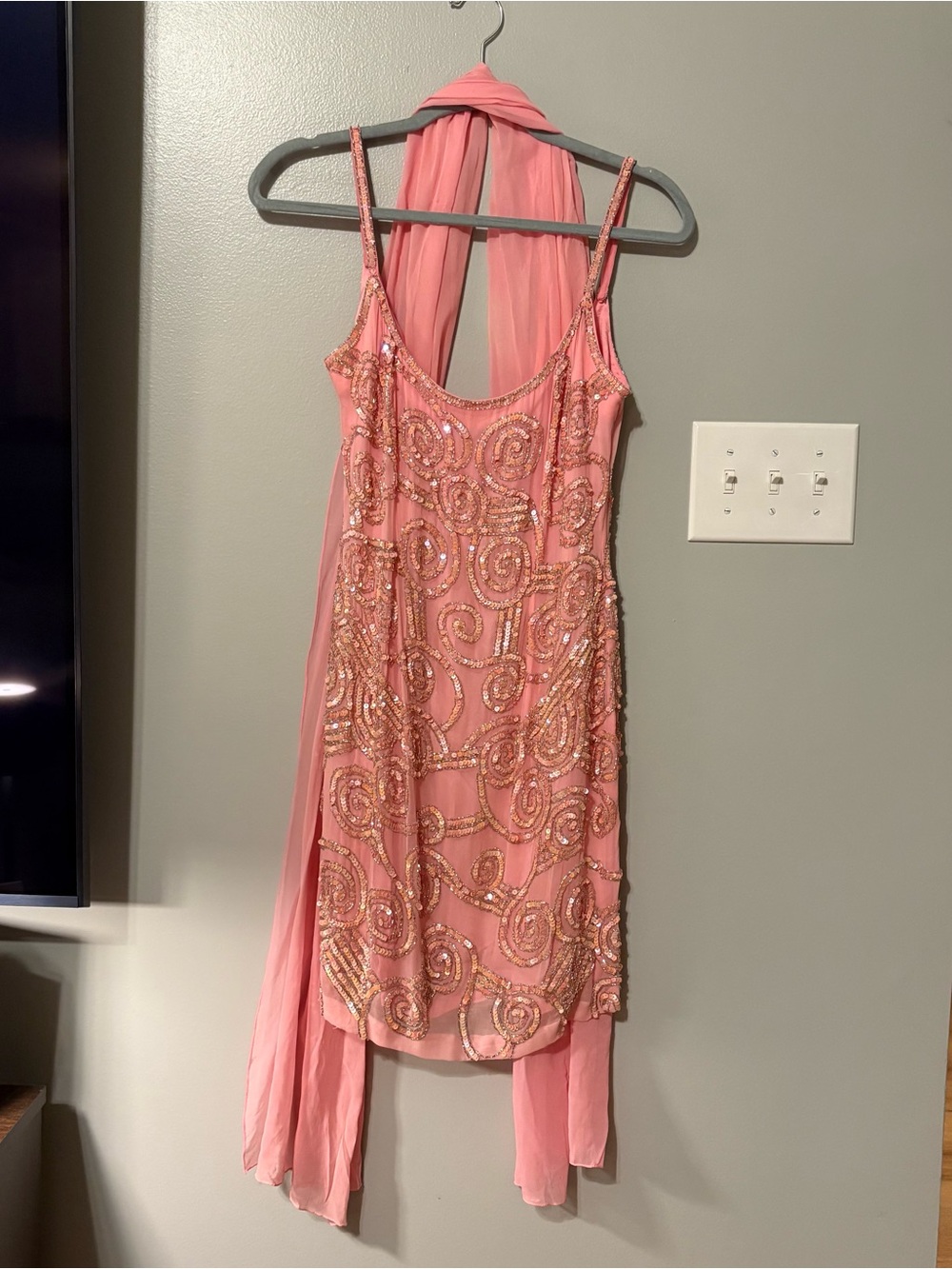 NWT Vintage Oleg Cassini Pink Beaded/Sequin Silk Mini Dress with Draped Scarf